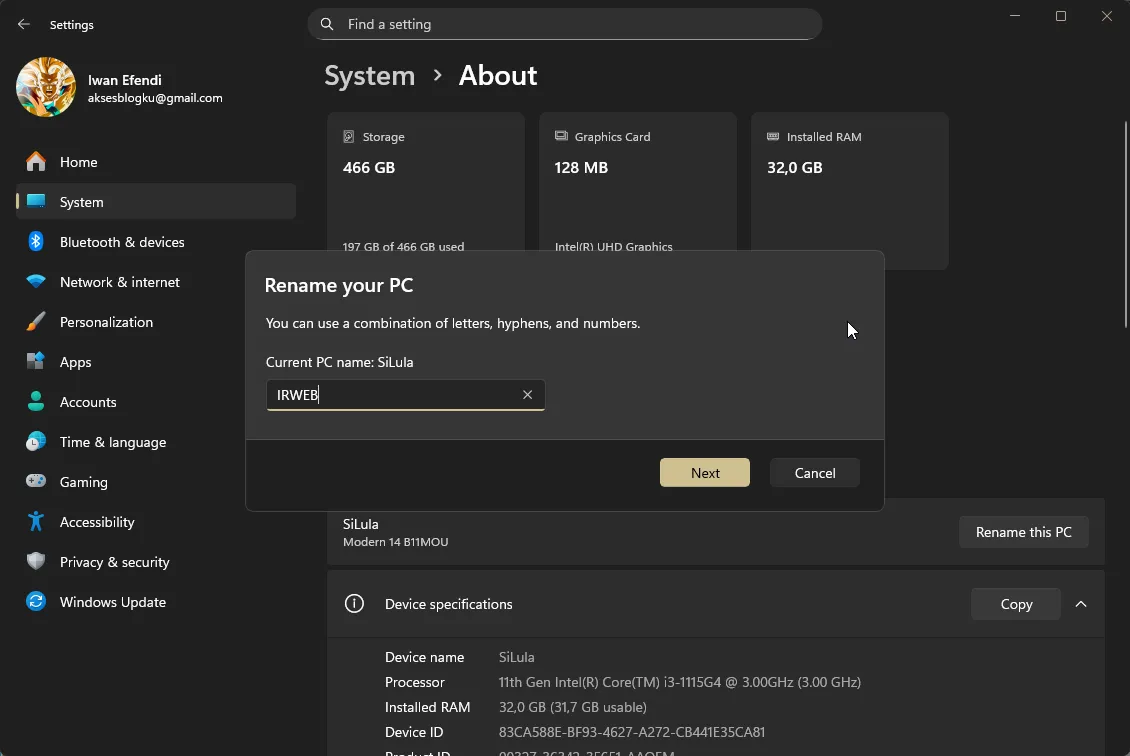 Popup Rename your PC di Windows 11 dengan kolom nama perangkat baru