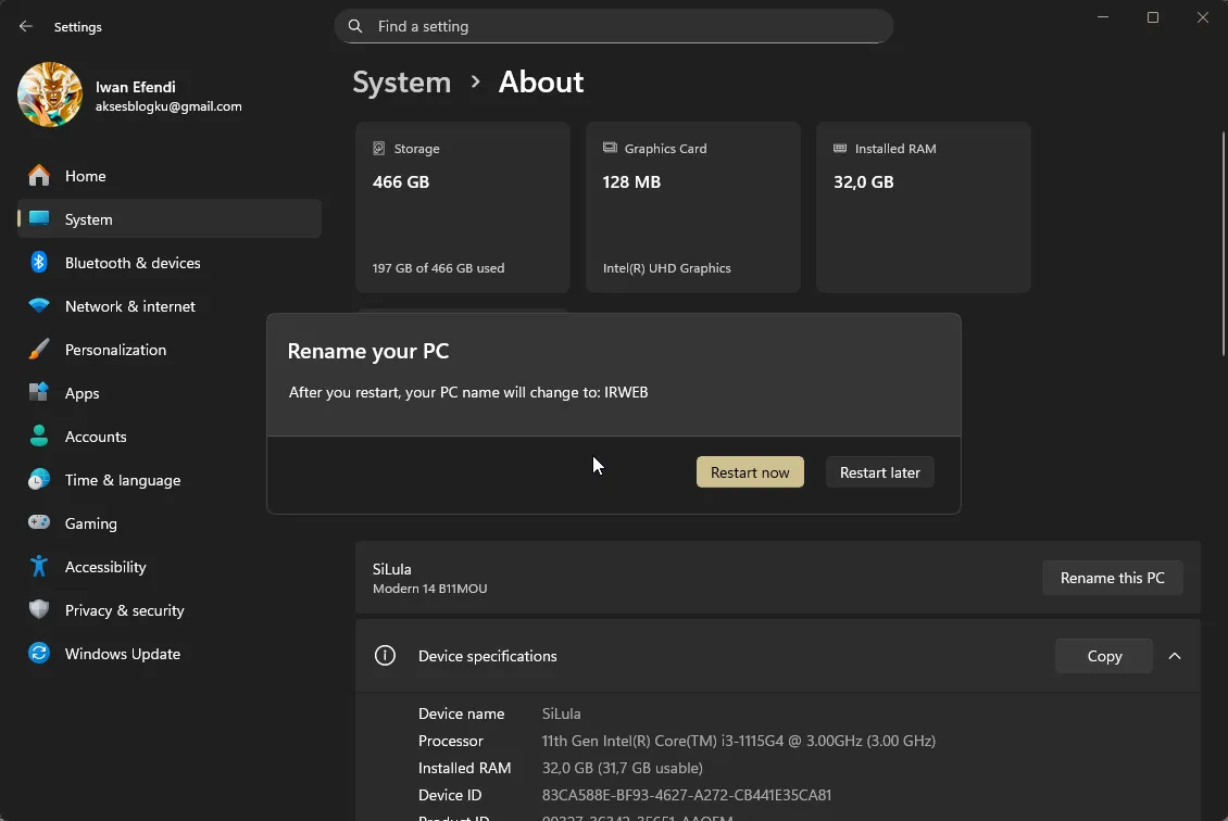 Prompt restart Windows 11 setelah proses ganti nama PC