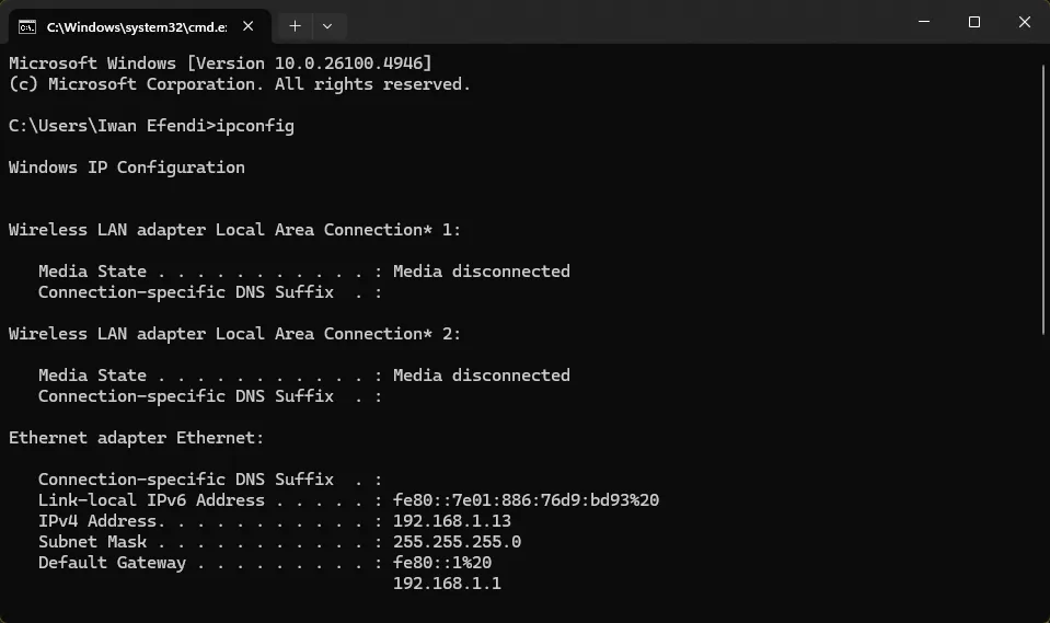 Output Command Prompt menampilkan IPv4 Address untuk akses folder share di jaringan lokal.