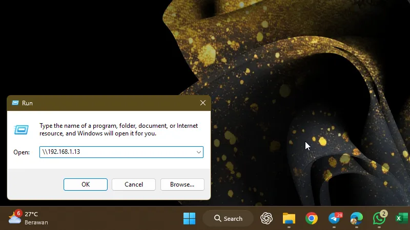 Jendela Run Windows dengan format double backslash plus IP untuk membuka folder share.