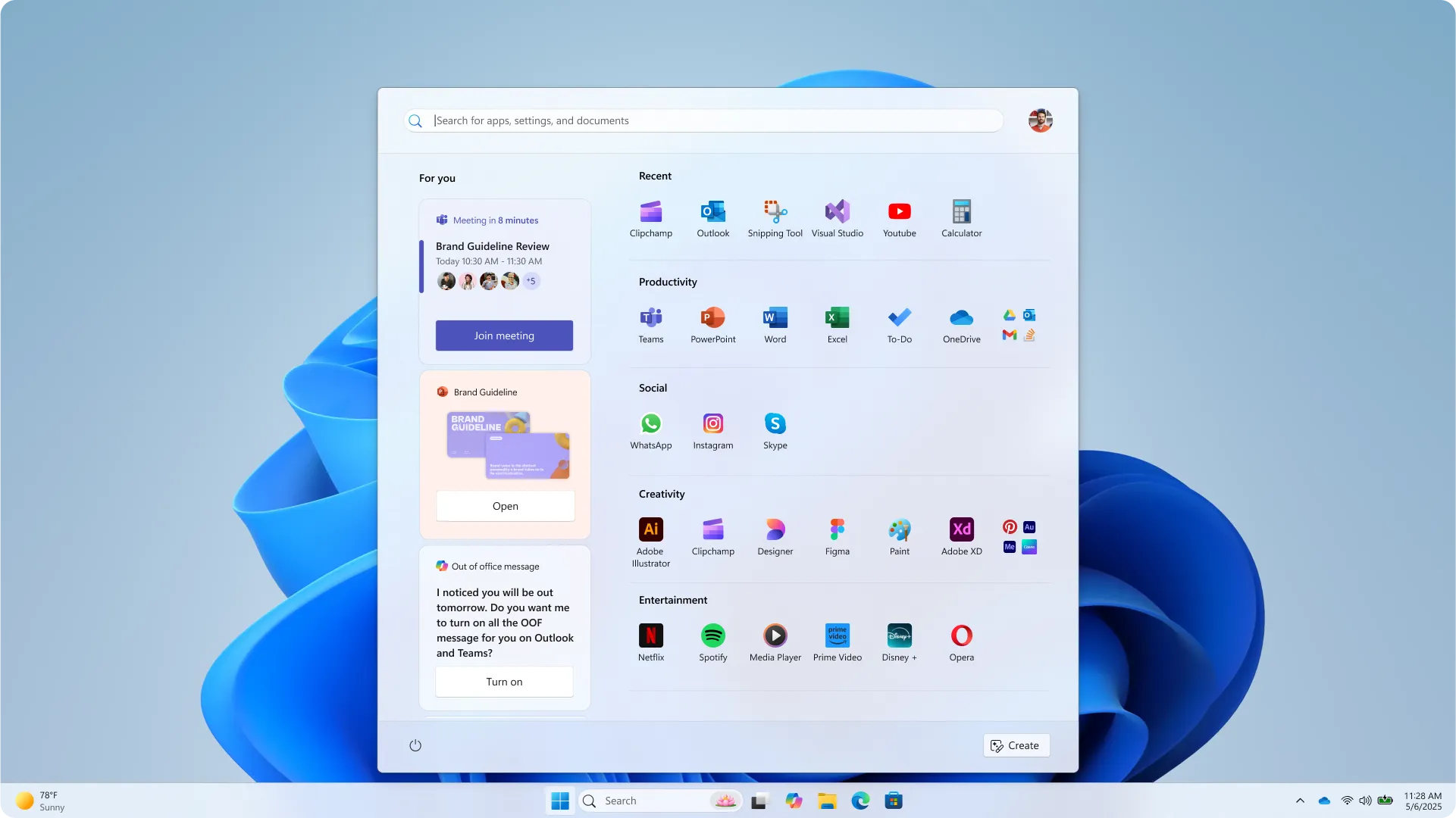 Konsep eksplorasi Start Menu Windows 11 nomor 1 dengan tata letak non-final