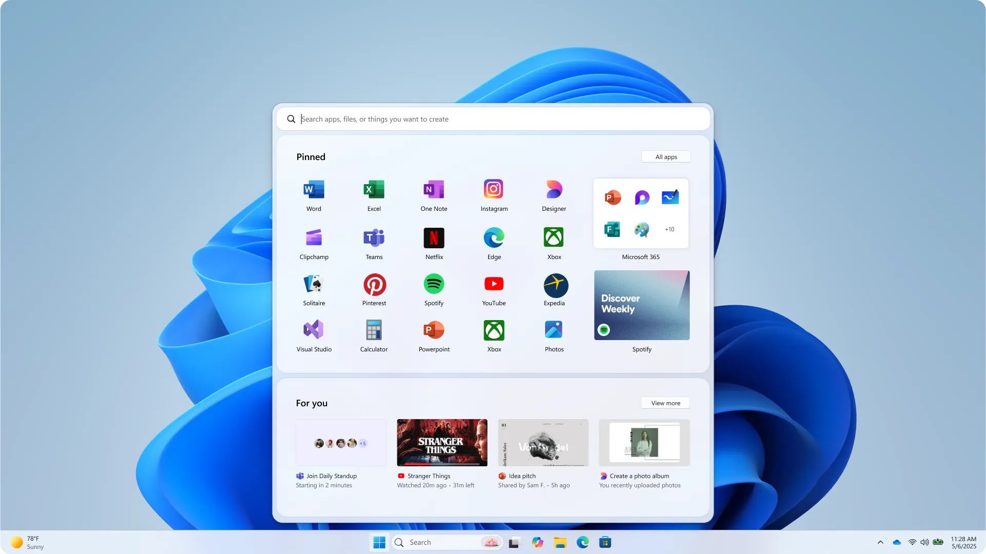 Konsep eksplorasi Start Menu Windows 11 nomor 2 dengan struktur alternatif