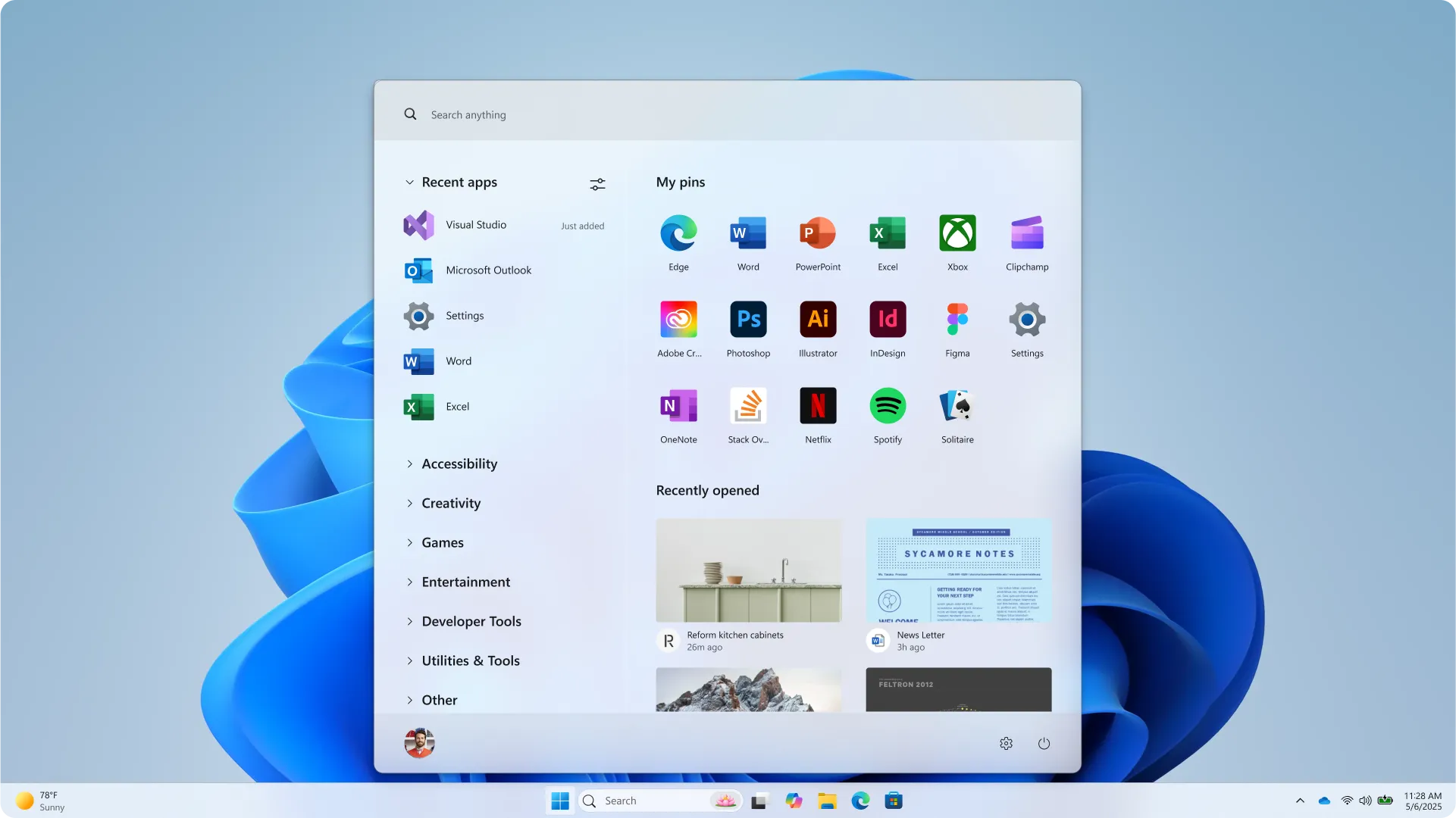 Konsep eksplorasi Start Menu Windows 11 nomor 4 dengan struktur lebih eksperimental