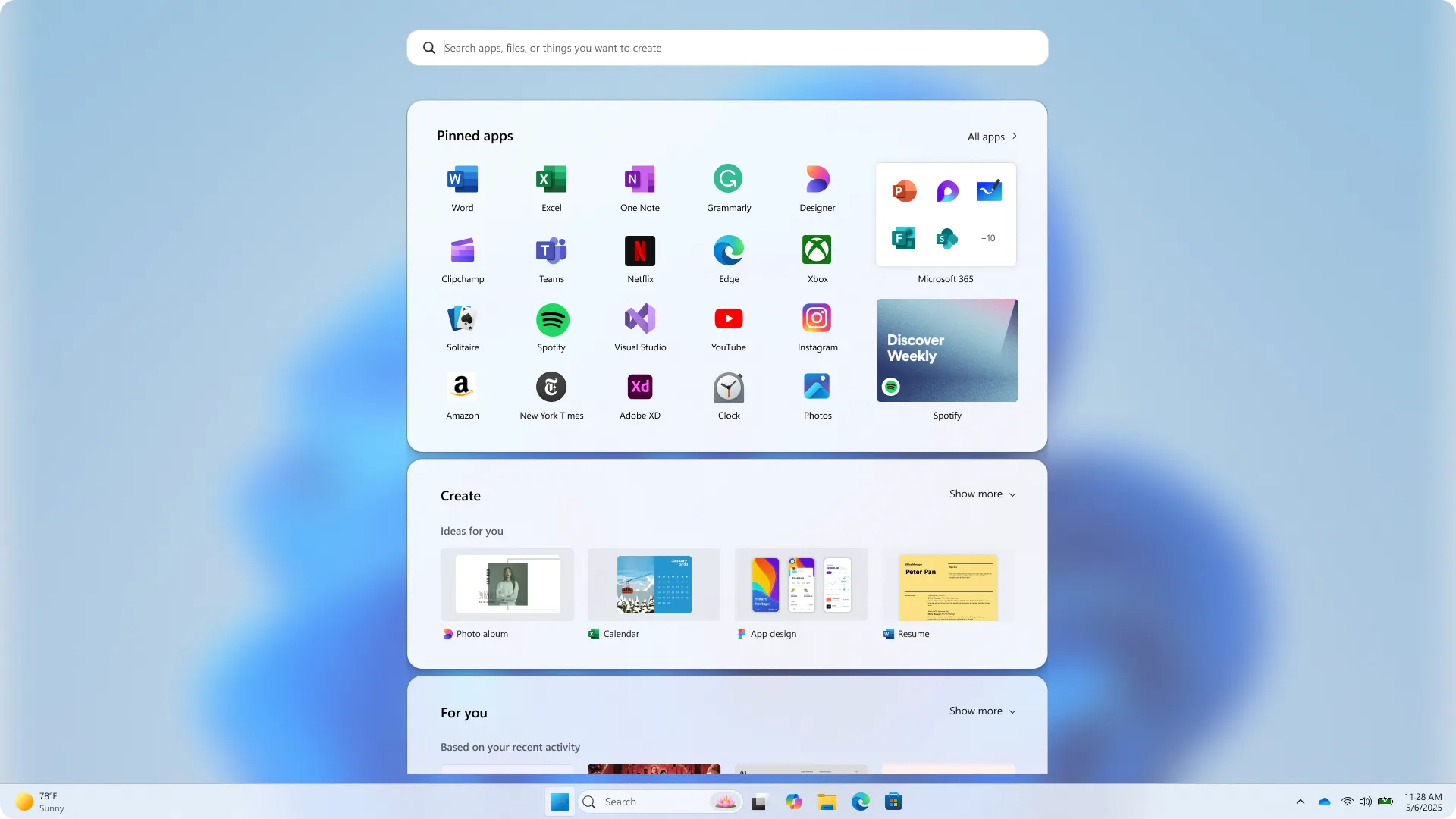 Konsep eksplorasi Start Menu Windows 11 nomor 5 dengan arah visual alternatif