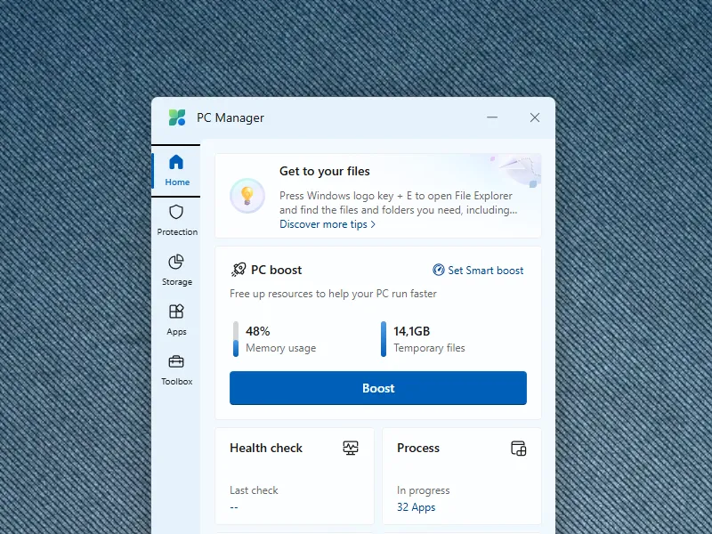 Microsoft PC Manager dashboard with PC Boost and Health Check features.