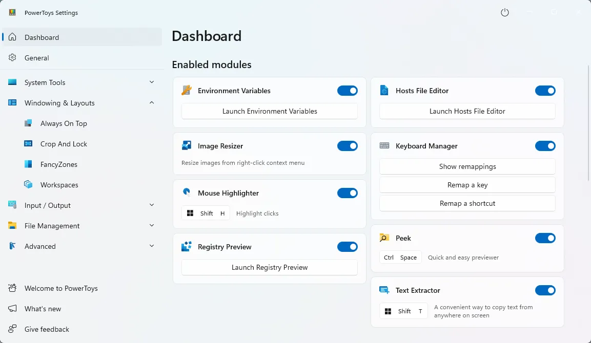 PowerToys dashboard in Windows 11 showing modules such as Always on Top and Color Picker.