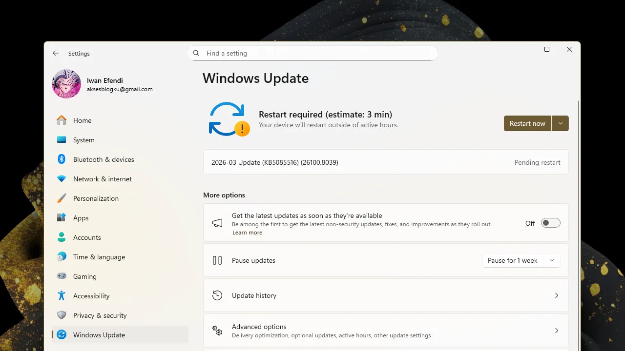 Layar Windows Update menampilkan KB5085516 yang sudah terinstall